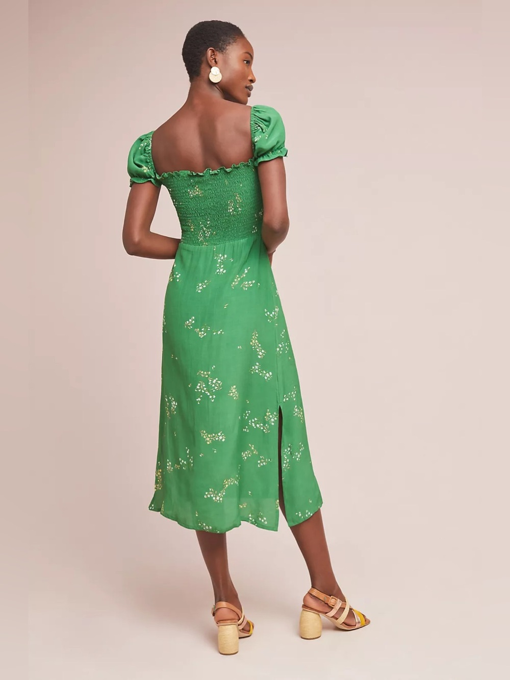 Faithfull The Brand Myrtille Midi Smocked Dress Green Floral w/ side slits sz 6 - Picture 2 of 11